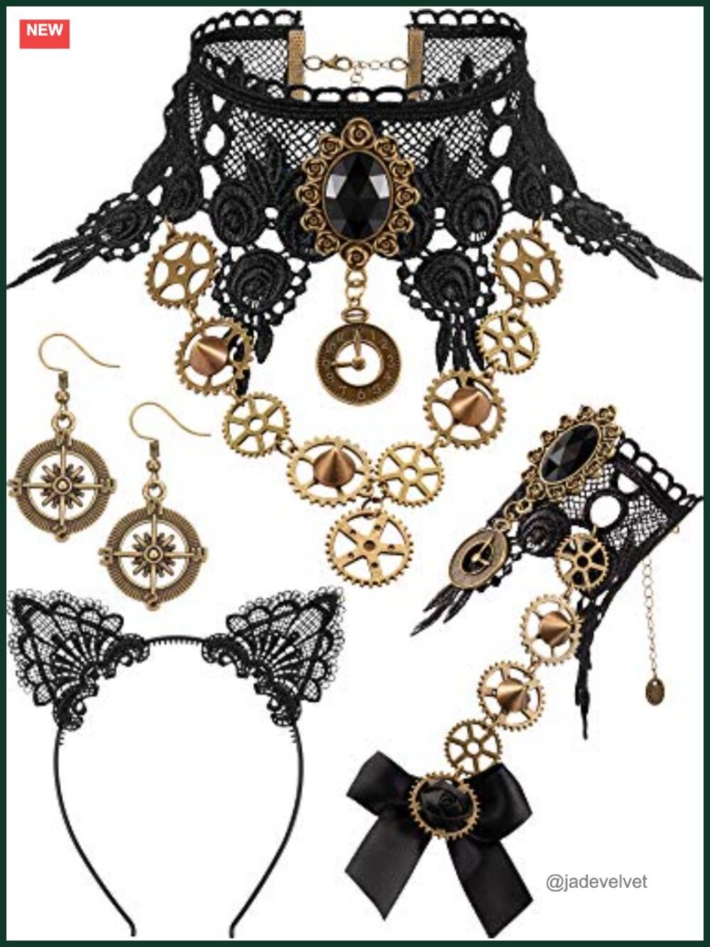 Hicarer 4-Piece Gothic Lace Choker Bracelet Earrings Cat Ear Headband Set
